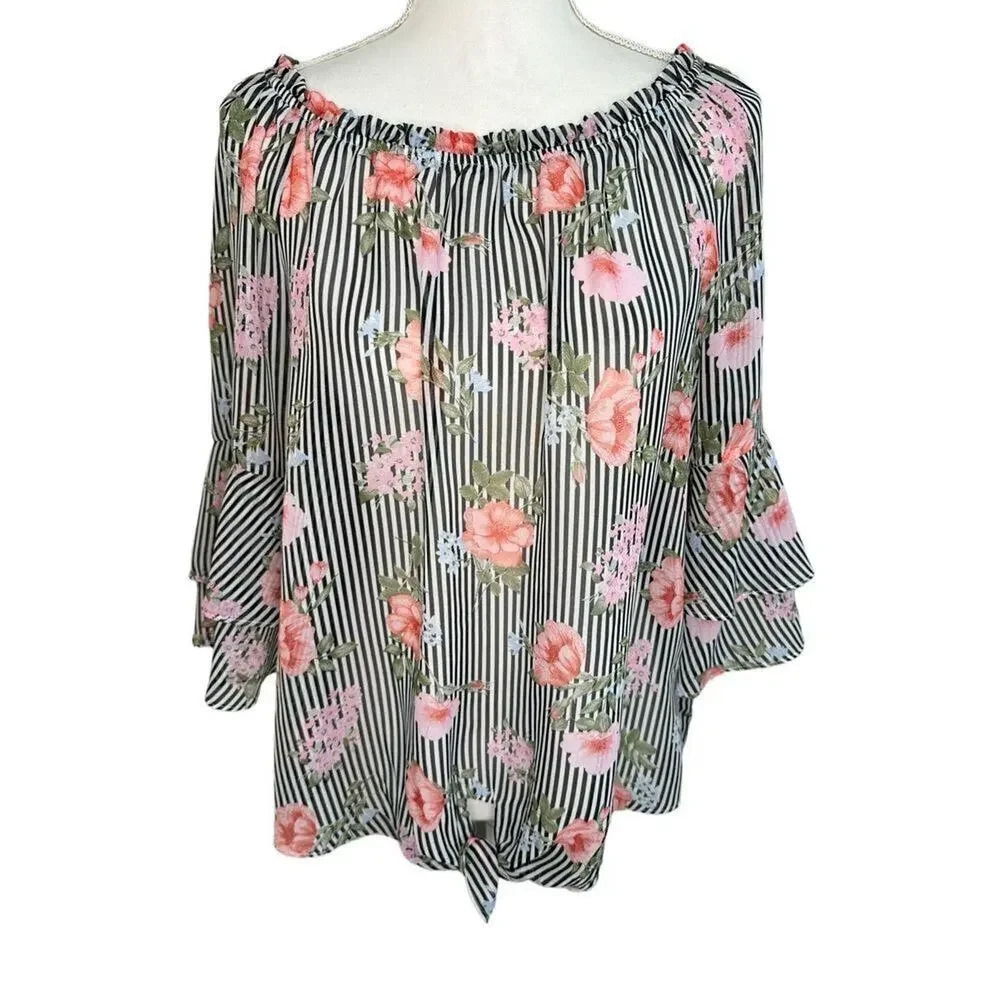 I.N. Studio Petite Large Floral Striped Tiered Bell Sleeve Blouse